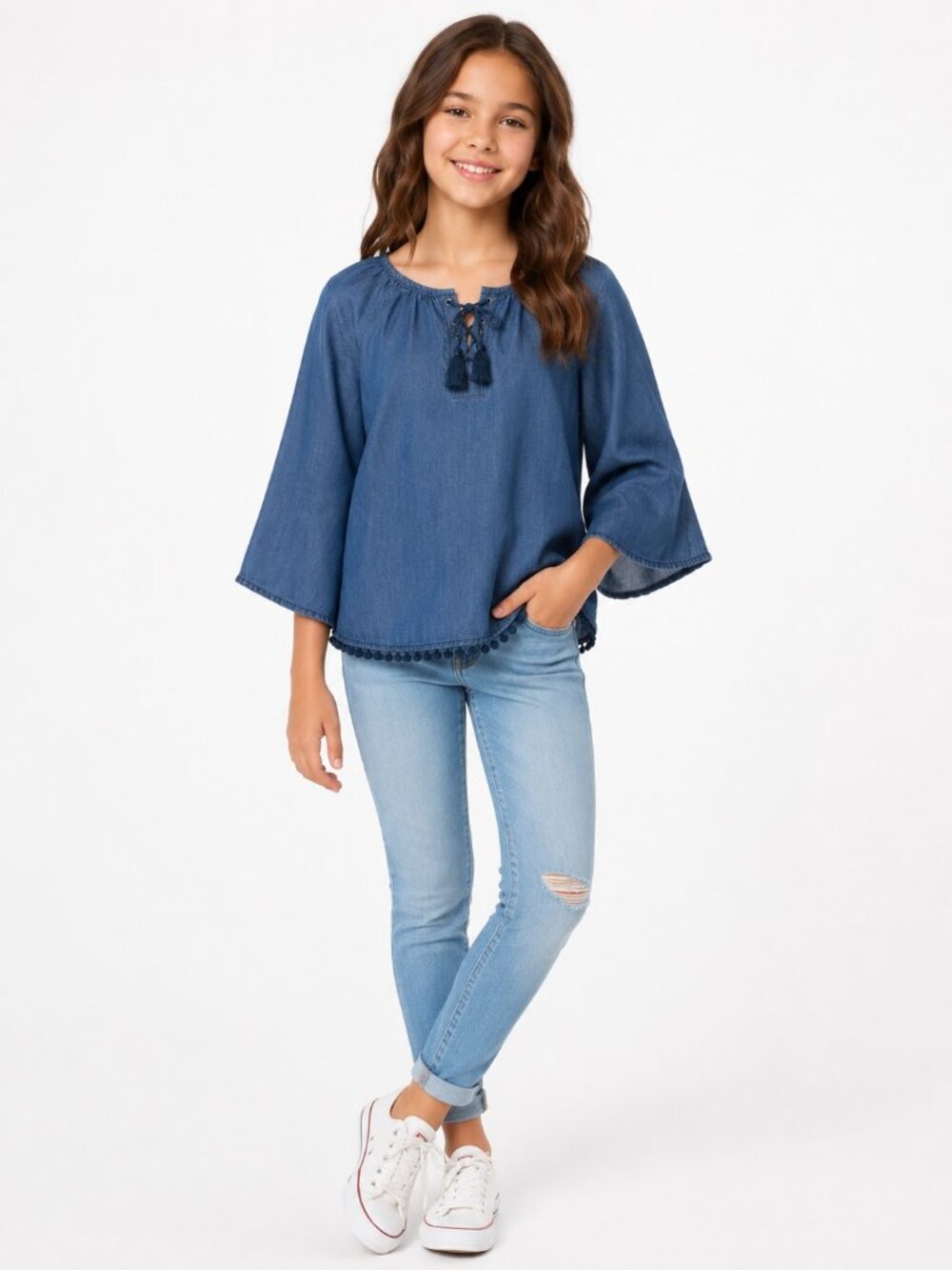 Justice Girls Chambray Lace Up Bell Sleeve Peasant Top Blue Size 18-20
